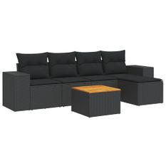Salon de jardin 6 pcs avec coussins noir résine tressée