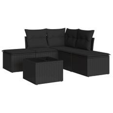 Salon de jardin 6 pcs avec coussins noir résine tressée