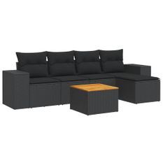 Salon de jardin 6 pcs avec coussins noir résine tressée