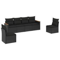 Salon de jardin 6 pcs avec coussins noir résine tressée