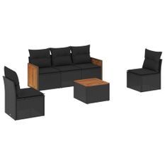 Salon de jardin 6 pcs avec coussins noir résine tressée