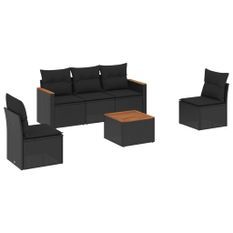 Salon de jardin 6 pcs avec coussins noir résine tressée