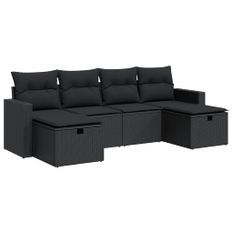 Salon de jardin 6 pcs avec coussins noir résine tressée