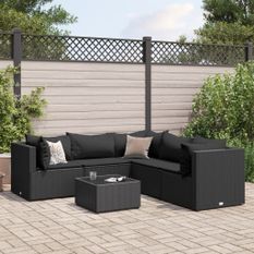 Salon de jardin 6 pcs avec coussins Noir Résine tressée