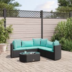 Salon de jardin 6 pcs avec coussins noir résine tressée