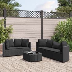 Salon de jardin 6 pcs avec coussins noir résine tressée