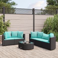 Salon de jardin 6 pcs avec coussins noir résine tressée