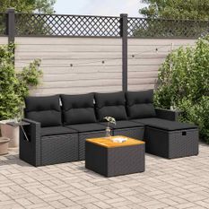 Salon de jardin 6 pcs avec coussins noir résine tressée