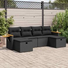 Salon de jardin 6 pcs avec coussins noir résine tressée