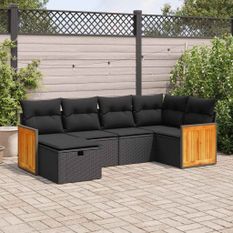 Salon de jardin 6 pcs avec coussins noir résine tressée