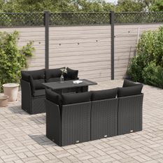 Salon de jardin 6 pcs avec coussins noir résine tressée