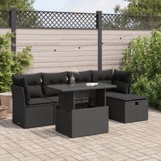 Salon de jardin 6 pcs avec coussins noir résine tressée