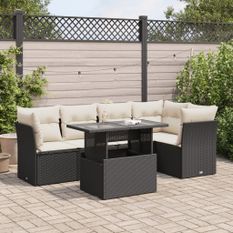 Salon de jardin 6 pcs avec coussins noir résine tressée