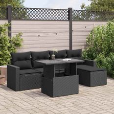 Salon de jardin 6 pcs avec coussins noir résine tressée