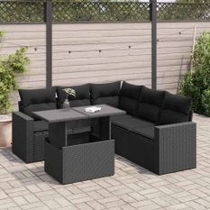 Salon de jardin 6 pcs avec coussins noir résine tressée