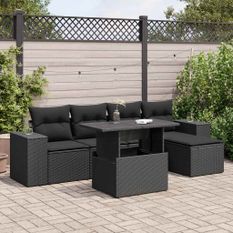 Salon de jardin 6 pcs avec coussins noir résine tressée