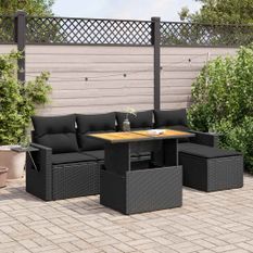 Salon de jardin 6 pcs avec coussins noir résine tressée