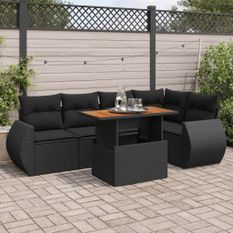 Salon de jardin 6 pcs avec coussins noir résine tressée