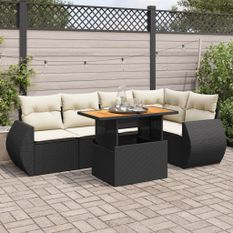 Salon de jardin 6 pcs avec coussins noir résine tressée