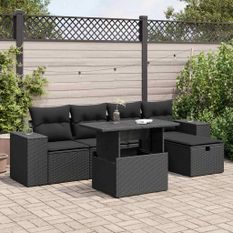 Salon de jardin 6 pcs avec coussins noir résine tressée