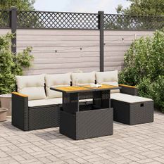 Salon de jardin 6 pcs avec coussins noir résine tressée