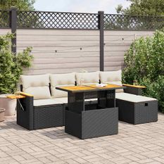 Salon de jardin 6 pcs avec coussins noir résine tressée