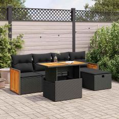 Salon de jardin 6 pcs avec coussins noir résine tressée