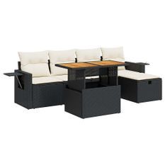 Salon de jardin 6 pcs avec coussins noir résine tressée acacia