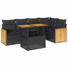 Salon de jardin 6 pcs avec coussins noir résine tressée acacia