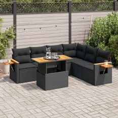 Salon de jardin 6 pcs avec coussins noir résine tressée acacia