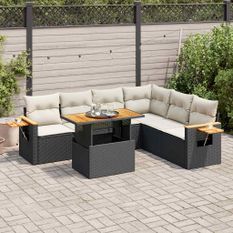 Salon de jardin 6 pcs avec coussins noir résine tressée acacia