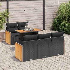 Salon de jardin 6 pcs avec coussins noir résine tressée acacia