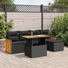 Salon de jardin 6 pcs avec coussins noir résine tressée acacia