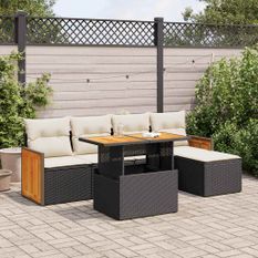 Salon de jardin 6 pcs avec coussins noir résine tressée acacia