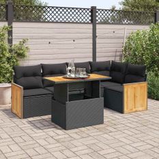 Salon de jardin 6 pcs avec coussins noir résine tressée acacia