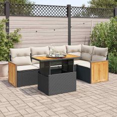 Salon de jardin 6 pcs avec coussins noir résine tressée acacia