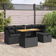 Salon de jardin 6 pcs avec coussins noir résine tressée acacia