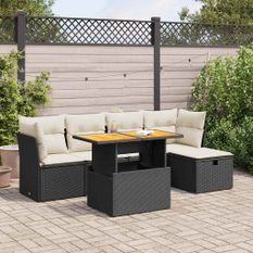 Salon de jardin 6 pcs avec coussins noir résine tressée acacia