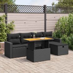 Salon de jardin 6 pcs avec coussins noir résine tressée acacia