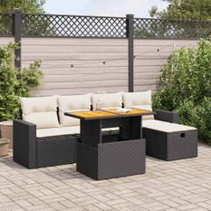 Salon de jardin 6 pcs avec coussins noir résine tressée acacia