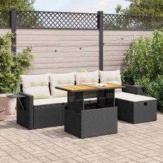 Salon de jardin 6 pcs avec coussins noir résine tressée acacia