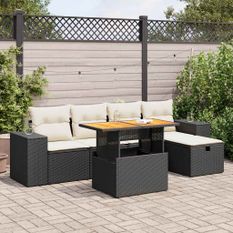 Salon de jardin 6 pcs avec coussins noir résine tressée acacia