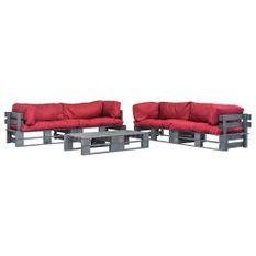 Salon de jardin 6 pcs palettes avec coussins rouges Bois 5