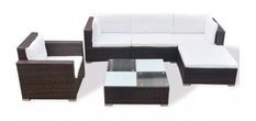 Salon de jardin 6 pièces résine tressée marron coussins blanc Kim 2