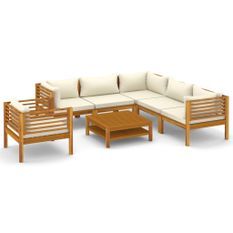 Salon de jardin 7 pcs avec coussin crème Bois d'acacia solide 2