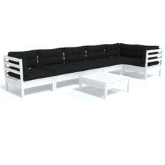 Salon de jardin 7 pcs avec coussins Blanc Bois de pin