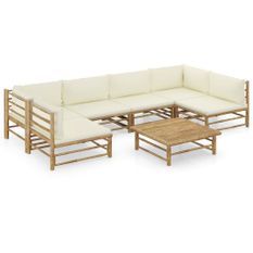 Salon de jardin 7 pcs avec coussins blanc crème Bambou 4