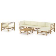 Salon de jardin 7 pcs avec coussins blanc crème Bambou