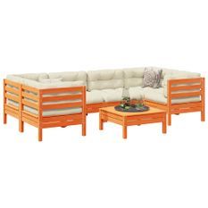 Salon de jardin 7 pcs avec coussins cire marron bois pin massif