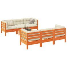 Salon de jardin 7 pcs avec coussins cire marron bois pin massif